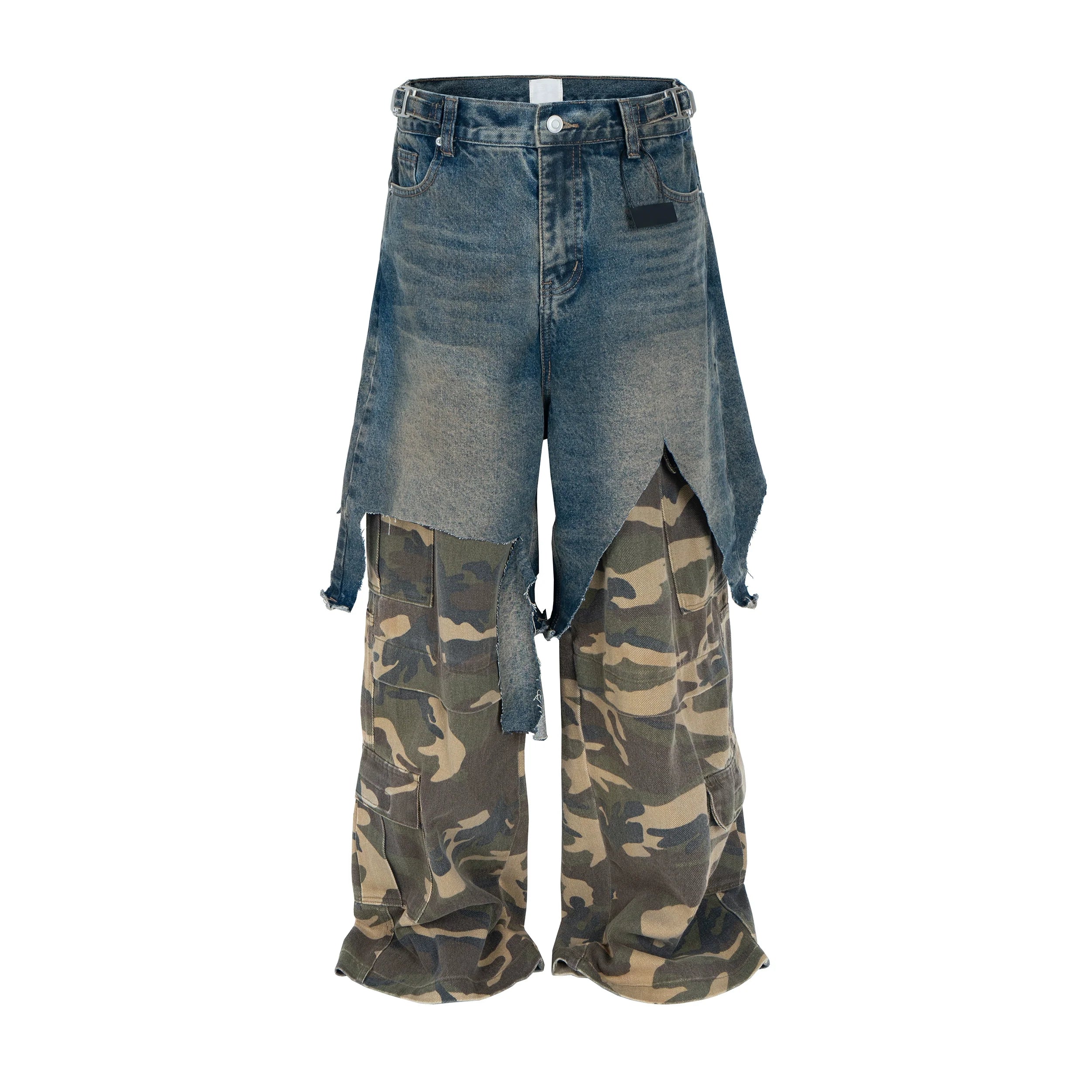 Layered Denim & Camo Patchwork Pants