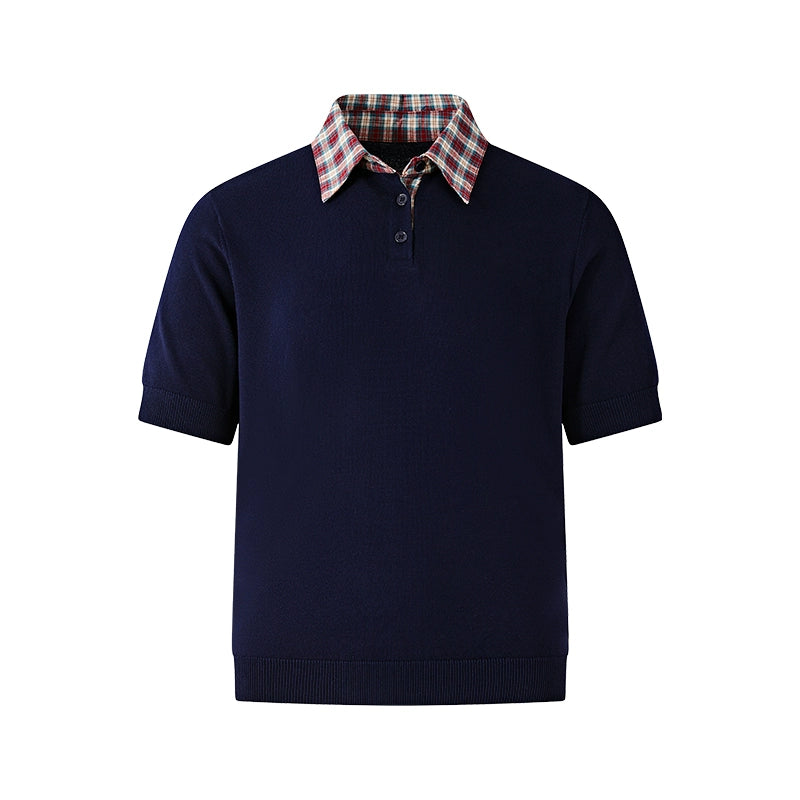 Contrast Plaid Collar Knit Polo Shirt