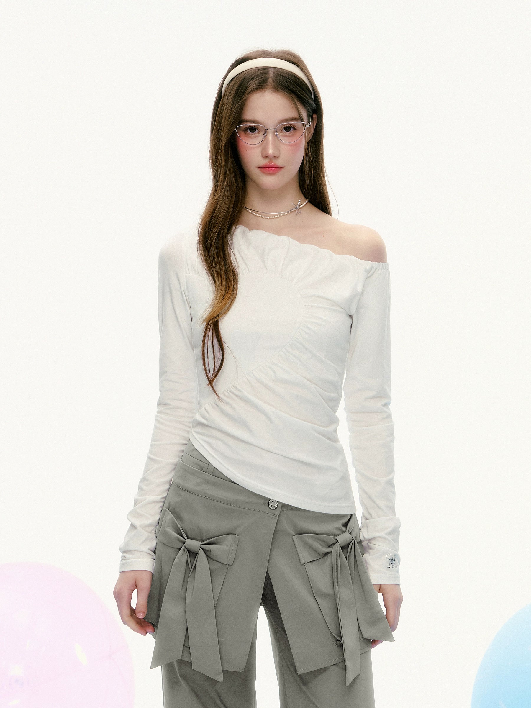 White Asymmetrical Long Sleeve Top with Diagonal Seam Detail