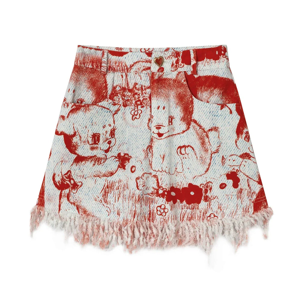 Puppy Print Frayed Denim Skirt