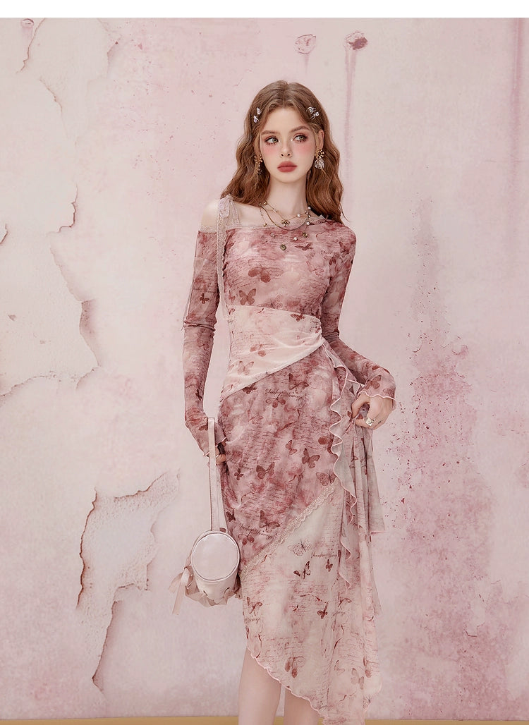 Rosa florale Langarm Midi Kleid