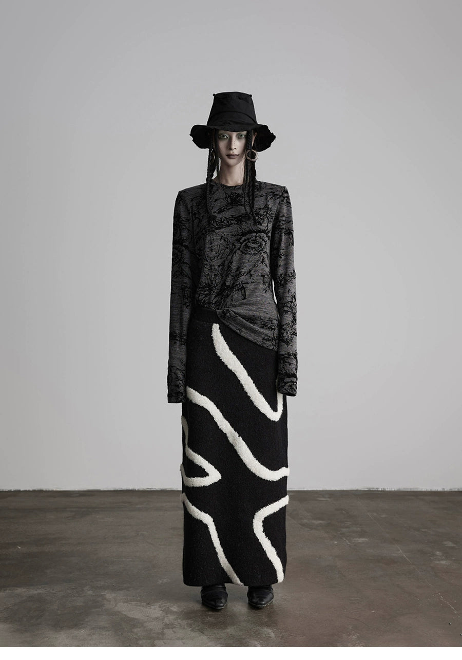 White Striped Black Knit Straight Skirt