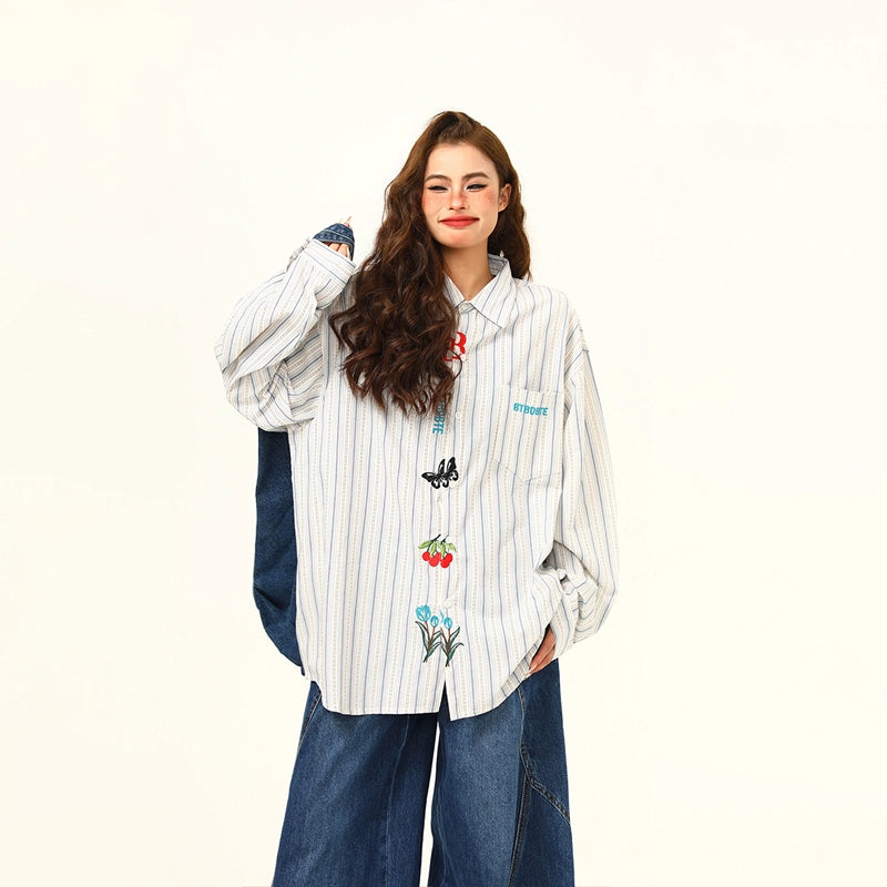 Embroidered Character Oversized Striped Shirt