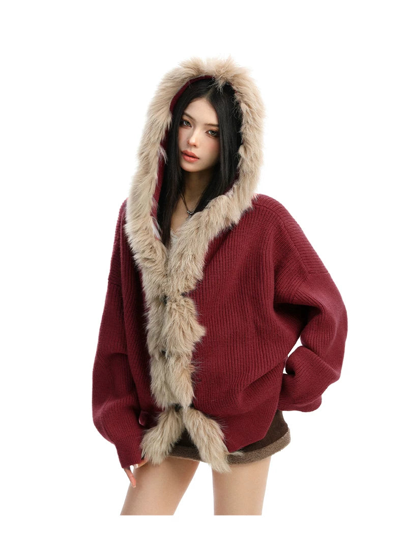 Shadow Luxe Fur-Trim Hooded Knit Cardigan