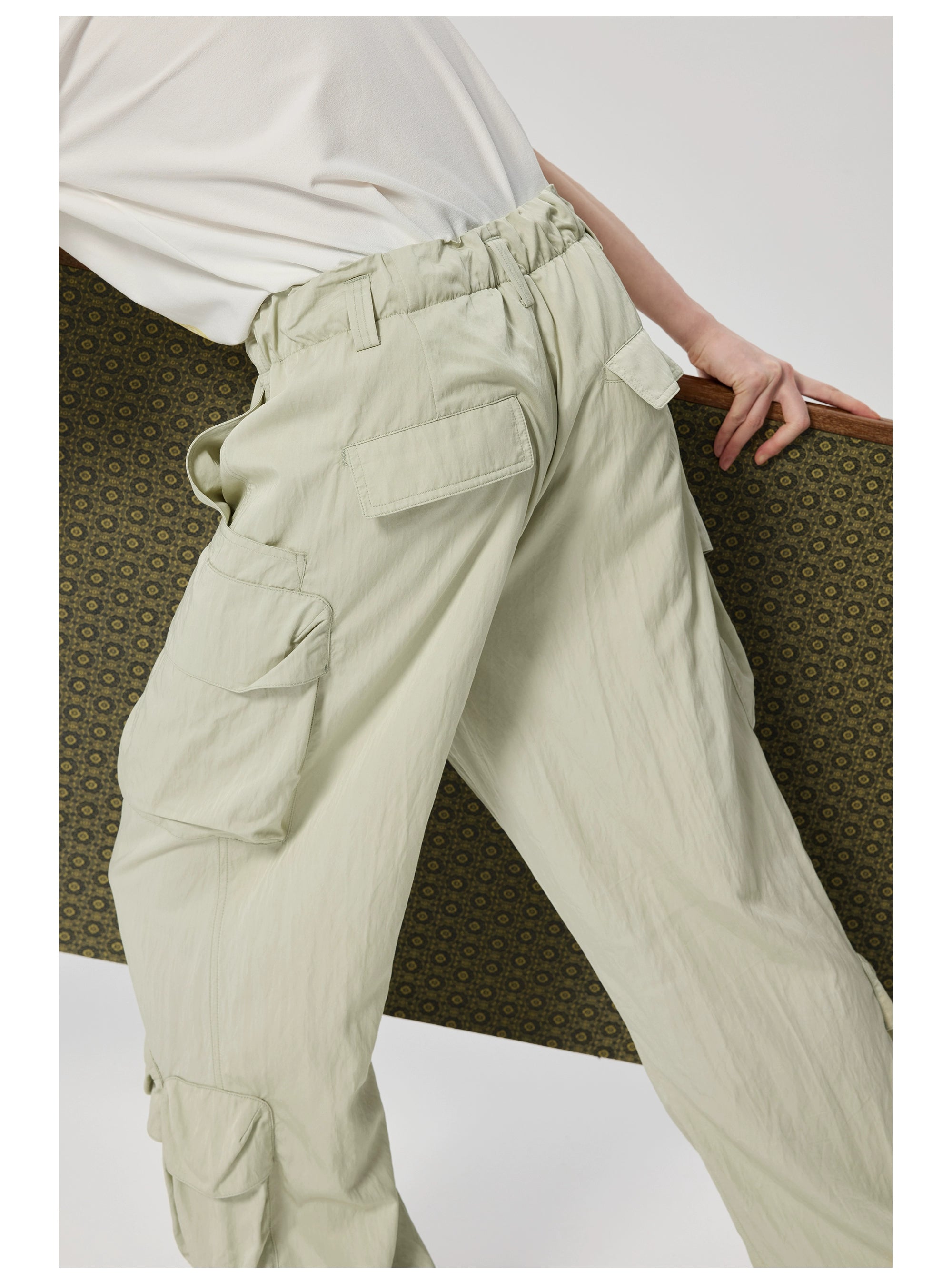 Wide-Leg Cargo Pants with Wood Bead Detail