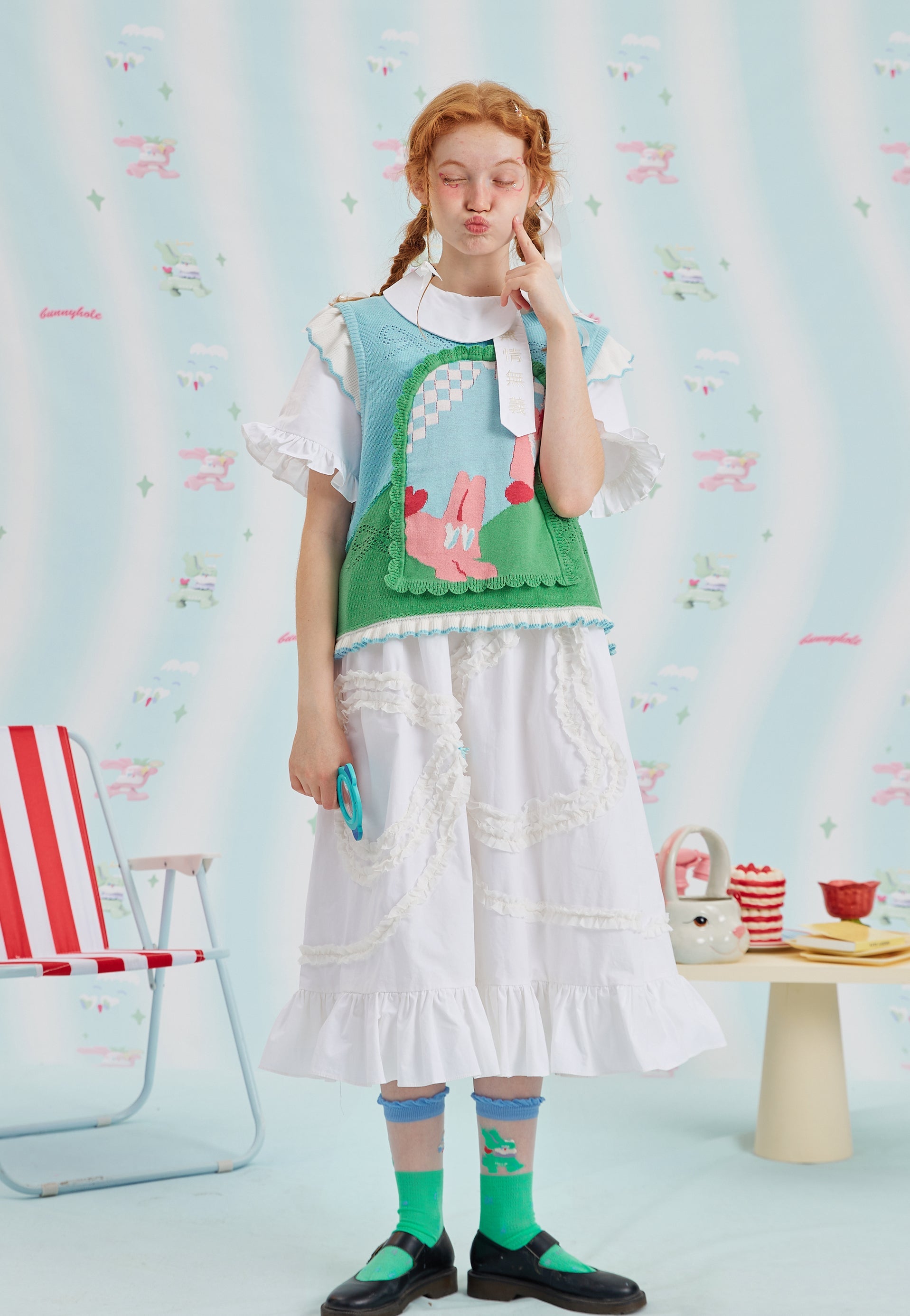Mint Bunny Pattern Sweater Vest Top