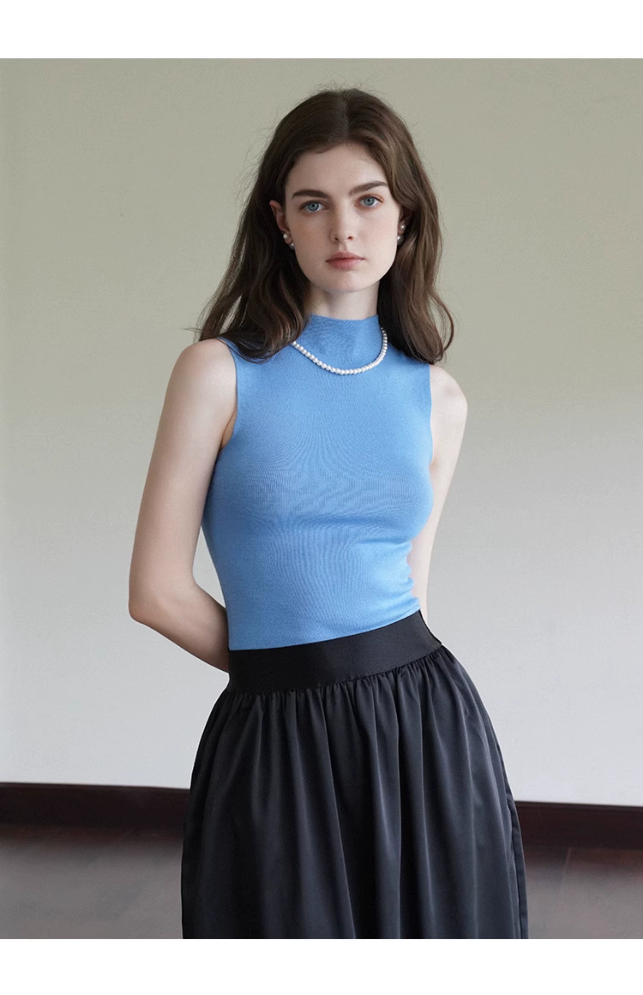 French Semi-High Neck Wool Knit Seamless Blue Tank Top - chiclara