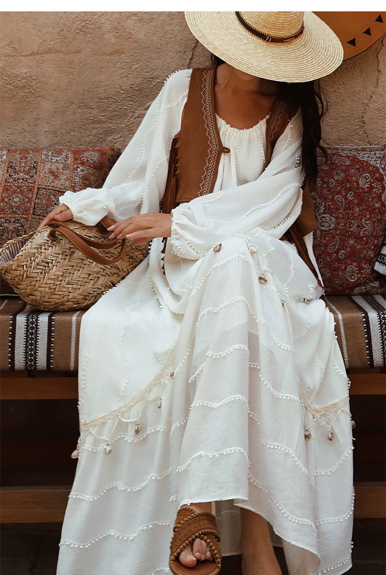 Boho White Tassel Maxi Dress