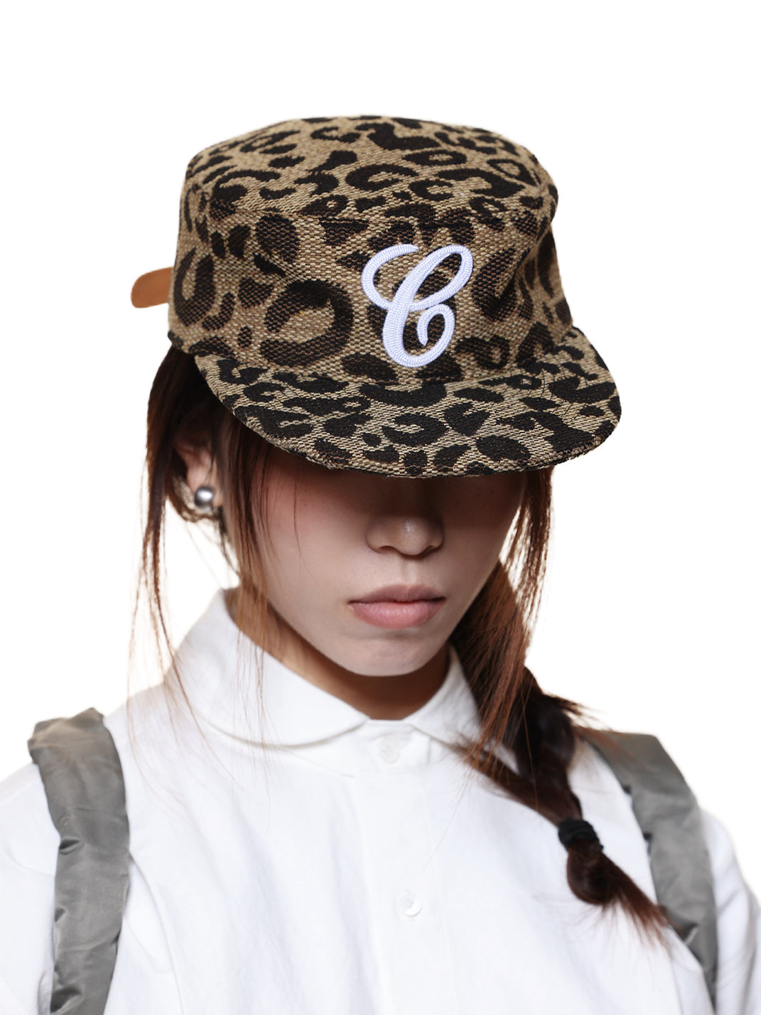 C-Embroidered Flat-Crown Cap - Leopard - Worn three-quarter - view 2