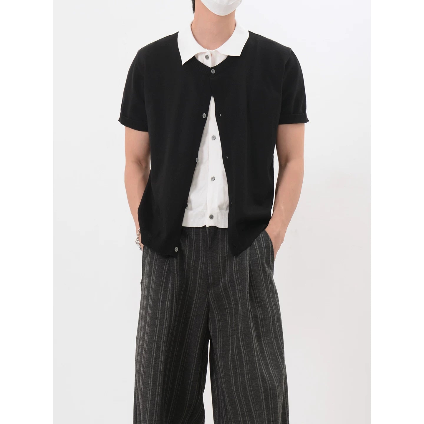 Layered Collar Knit Cardigan Shirt