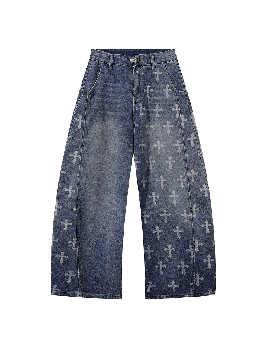 Men's Cross-Print Washed Curved Draped Wide-Leg Jeans