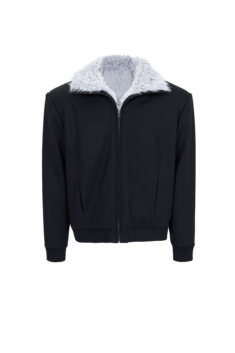 Black Bomber Jacket with Light Grey Faux Fur Collar