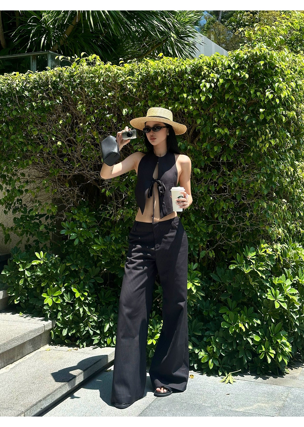 Black Pinstripe Wide Leg Pants