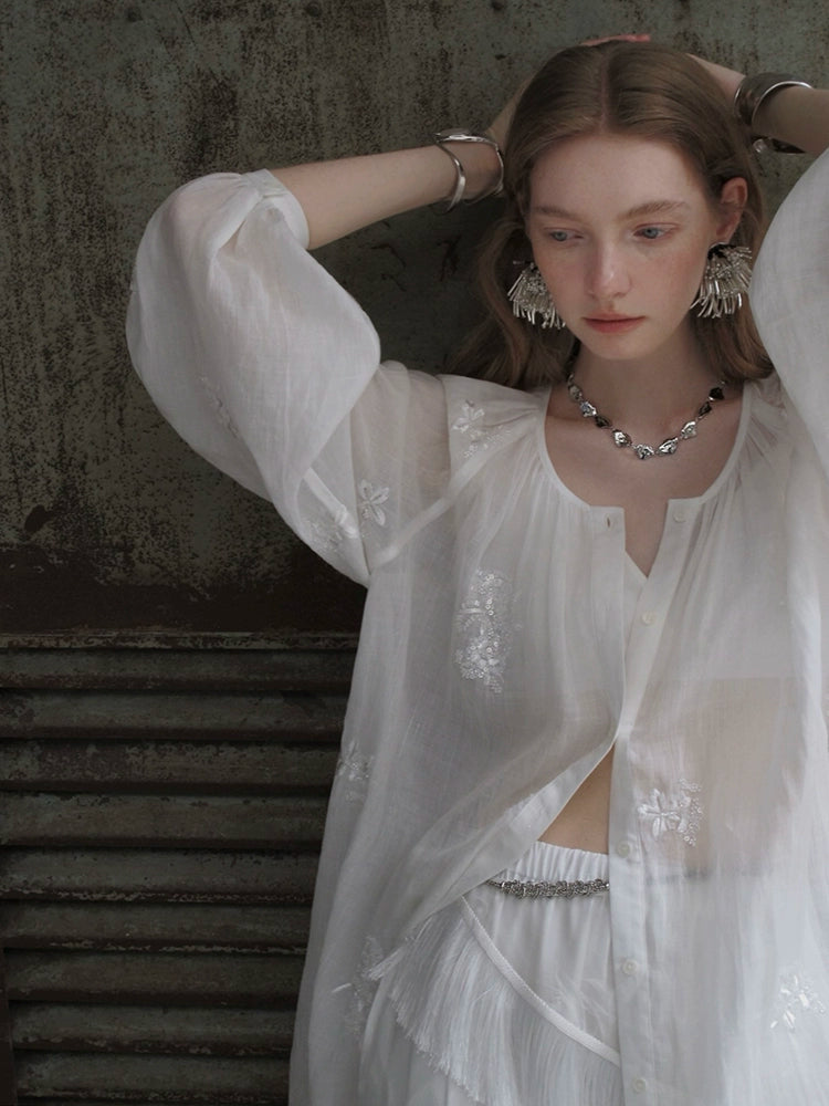 White Embroidered Button-Front Peasant Blouse