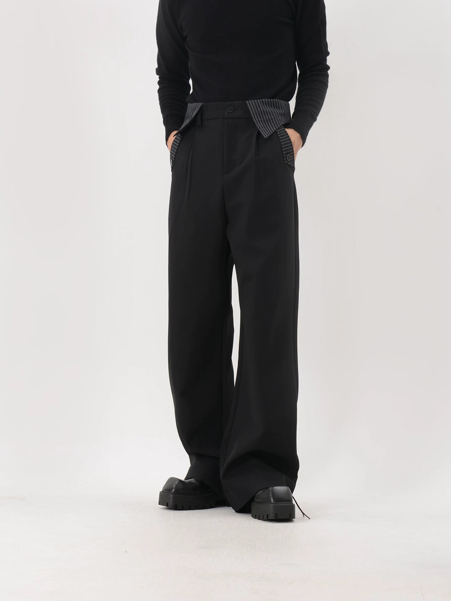 Black Pinstripe-Trim Wide-Leg Trousers