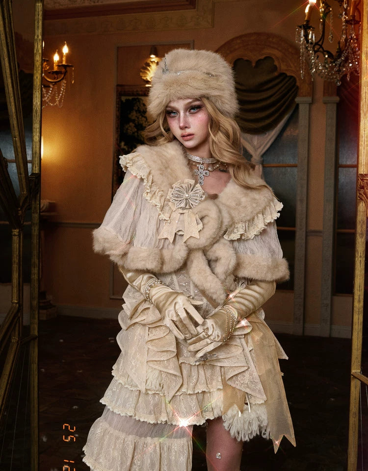 Ivory Faux Fur Lace Capelet