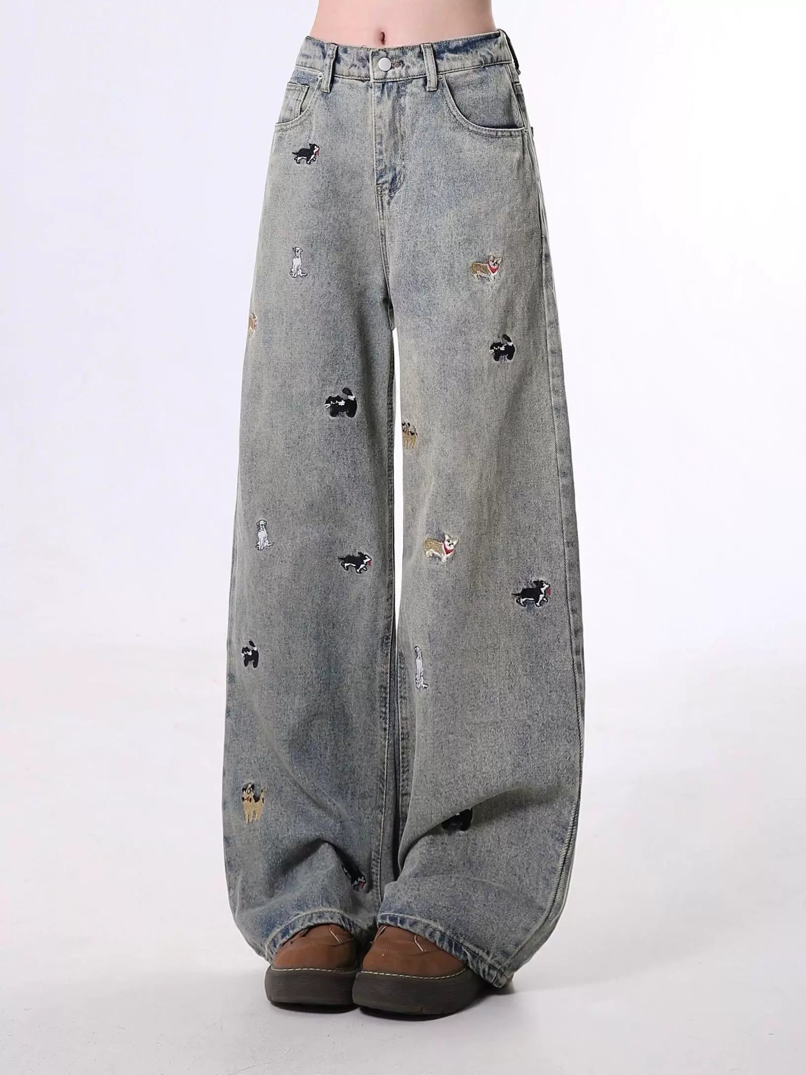Wide Leg Pants with Dog Pattern Embroidery