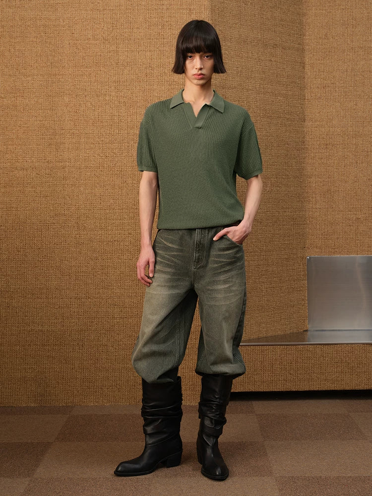 Textured Knit Open-Collar Polo Shirt
