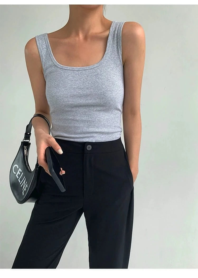 Summer Collection - Black Knitted Square Neck Camisole Top - chiclara