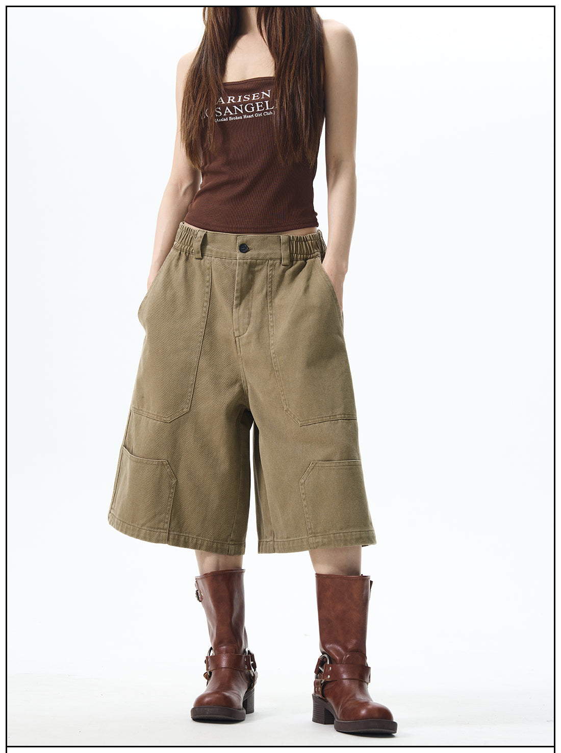 Khaki Wide-Leg Cargo Shorts