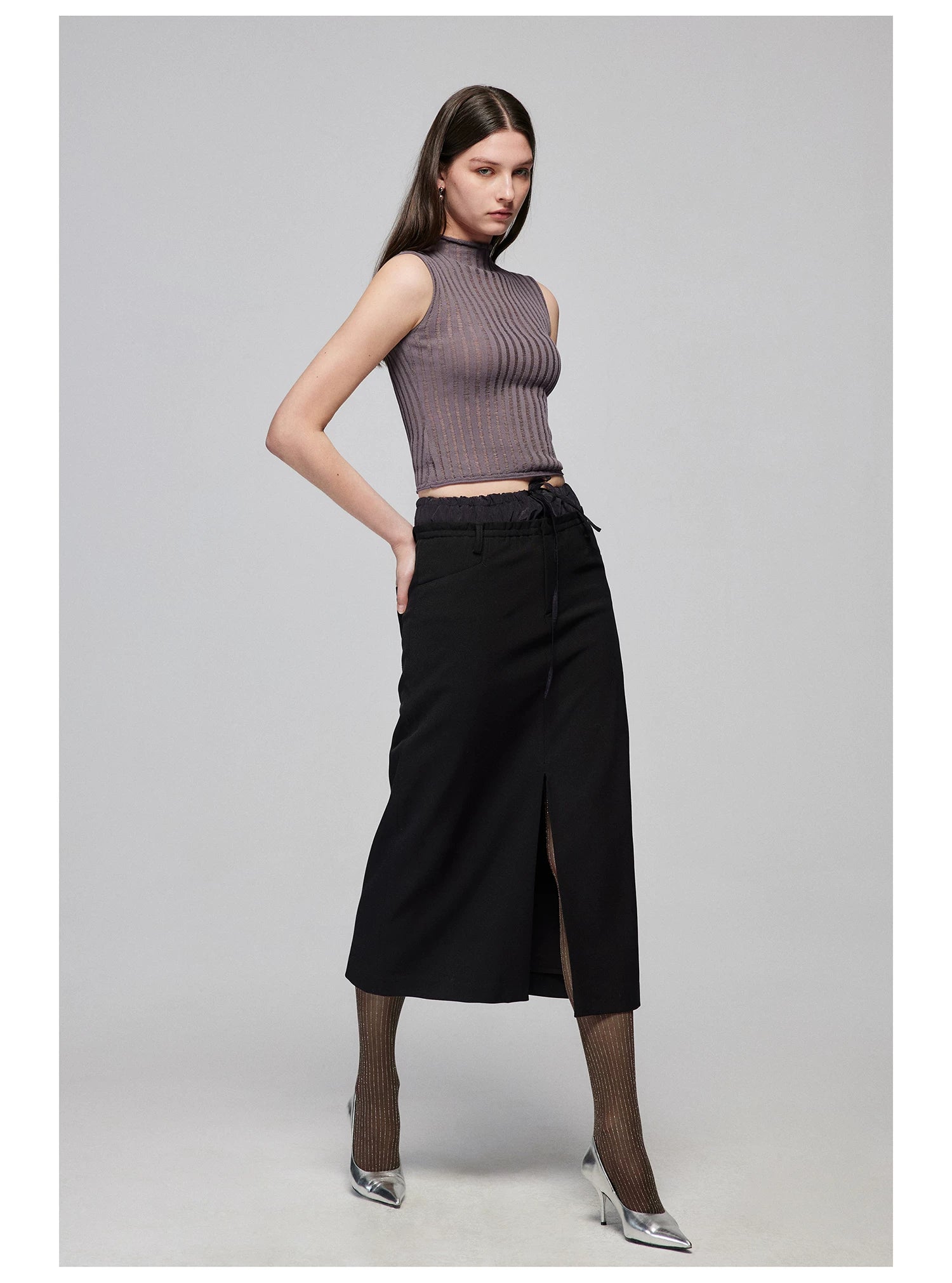 Layered Waist Front-Slit Midi Skirt