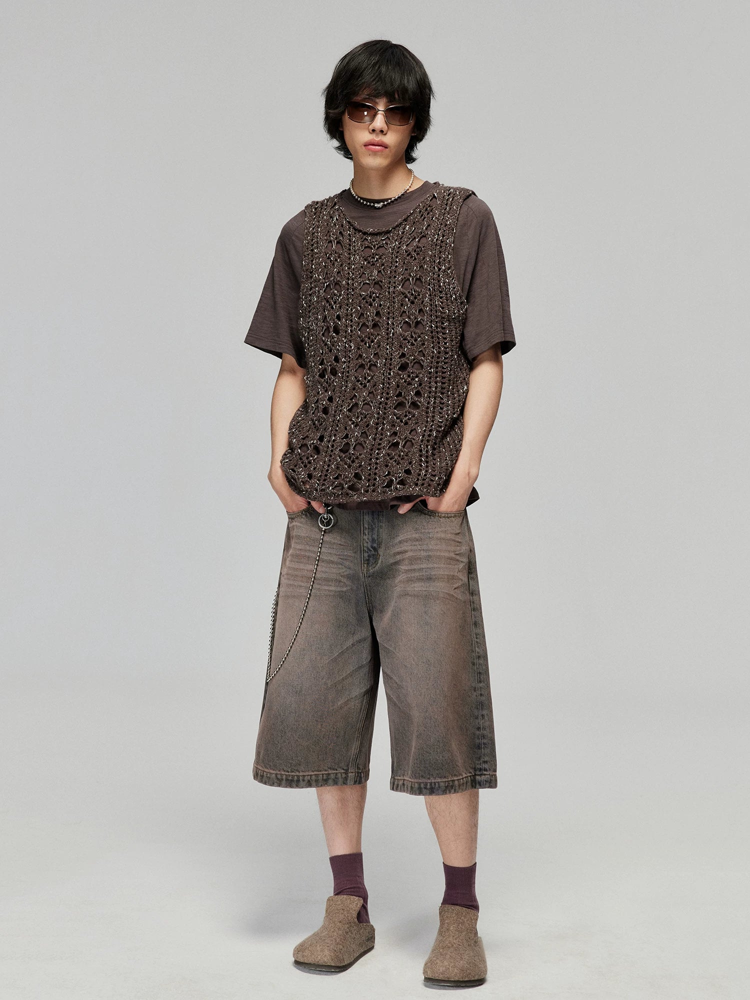 Washed Wide-Leg Denim Bermuda Shorts