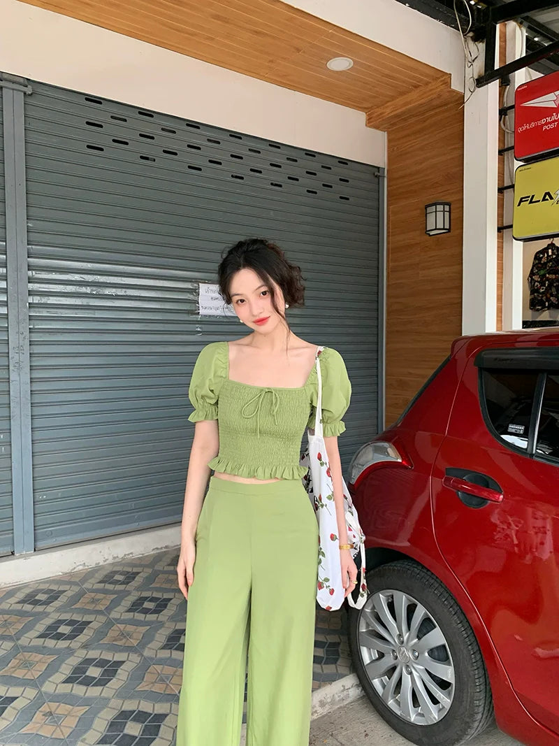 Green Smocked Crop Top and Pants Setup