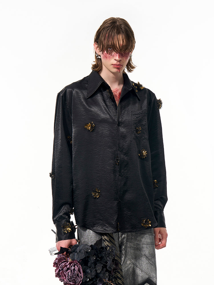 Floral Appliqué Satin Shirt