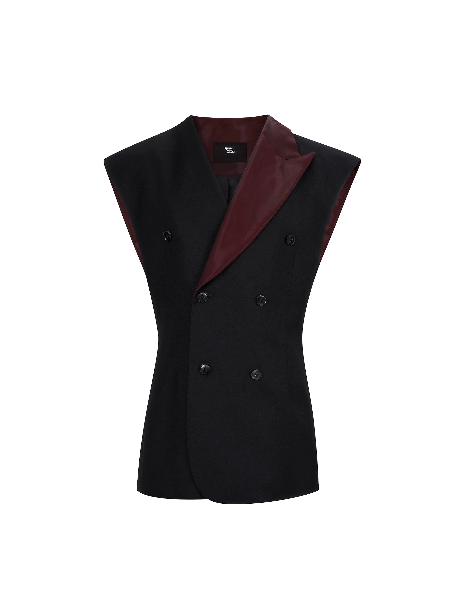 Double-Breasted Black Blazer with Asymmetrical Burgundy Lapel