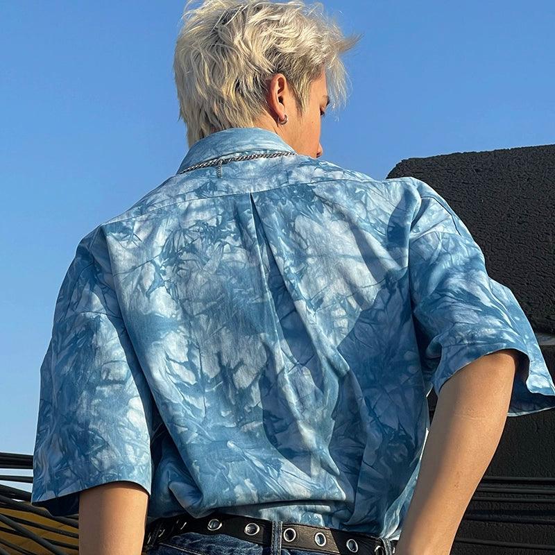 블루 타이 다이 반팔 버튼업 셔츠