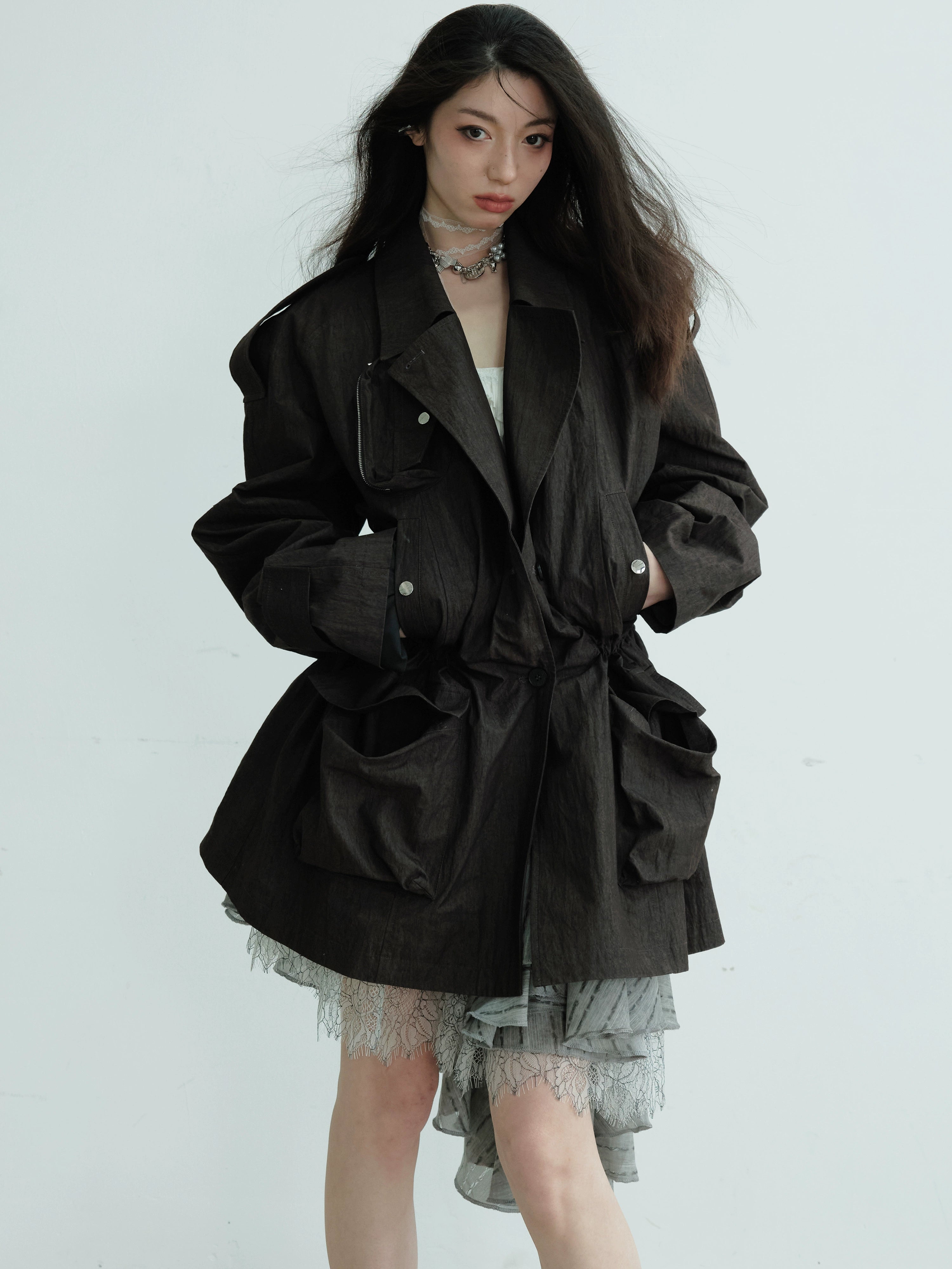 Belted Utility Pocket Military Jacket Black