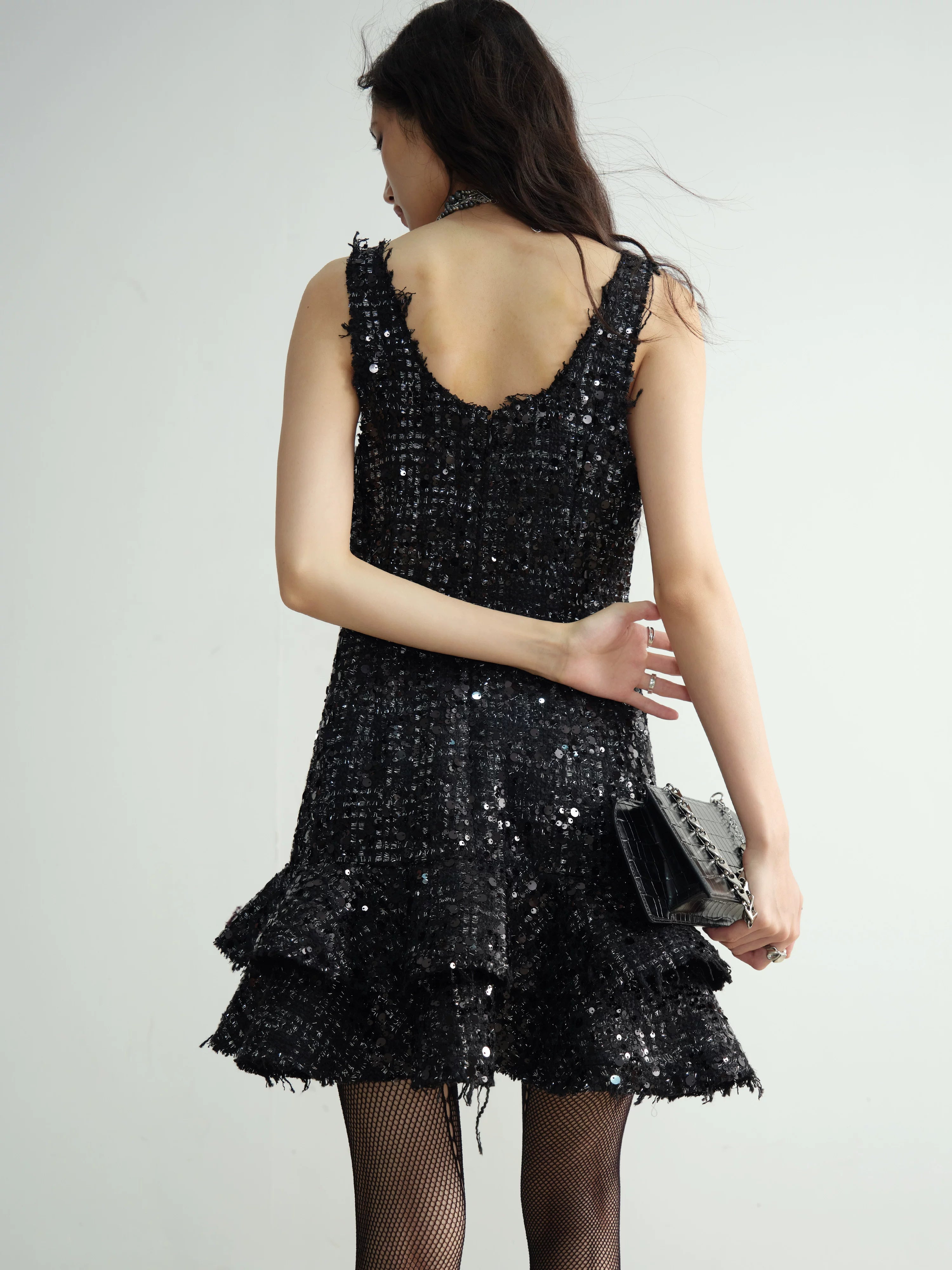 Black Sequin Tweed Tiered Mini Dress