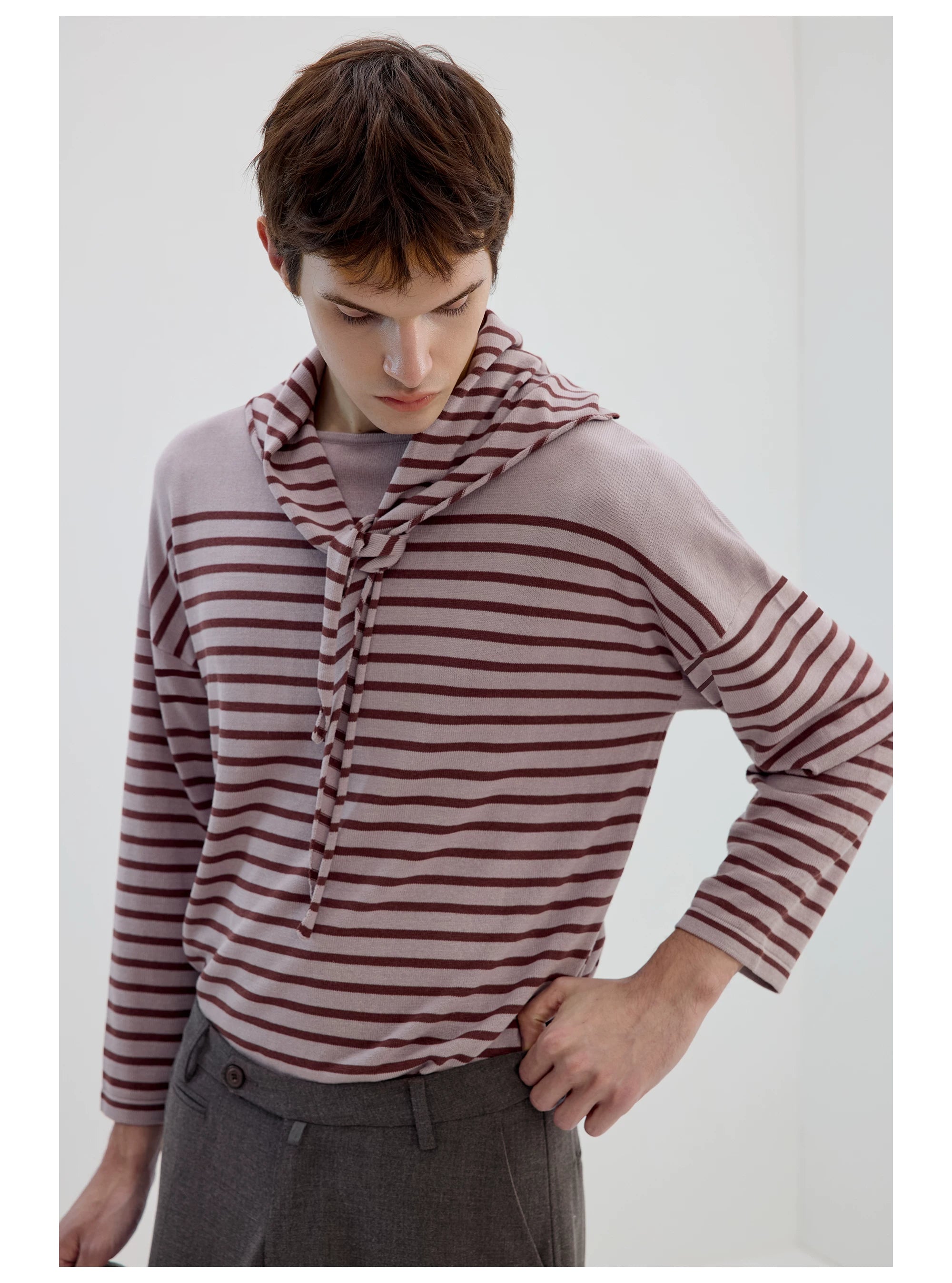 Striped Scarf-Neck Knit Top