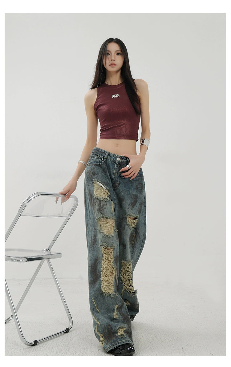 Retro Tie-Dye Distressed Wide-Leg Jeans With Washed Effect And Draping Fit - chiclara