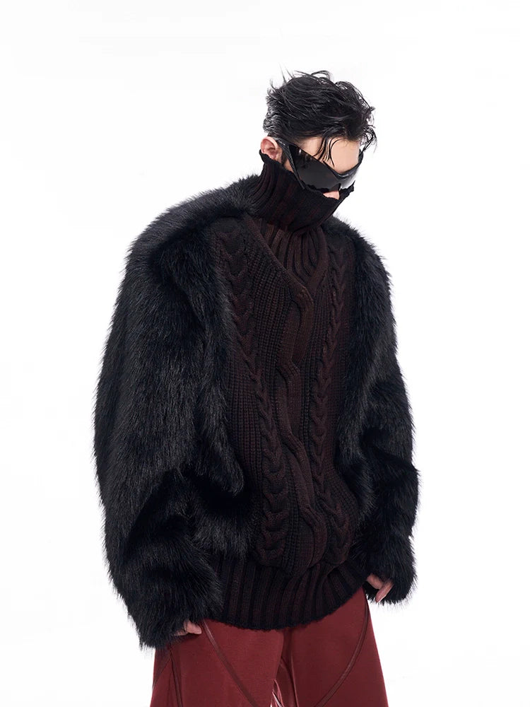 Cable Knit Fur-Sleeve Turtleneck Sweater