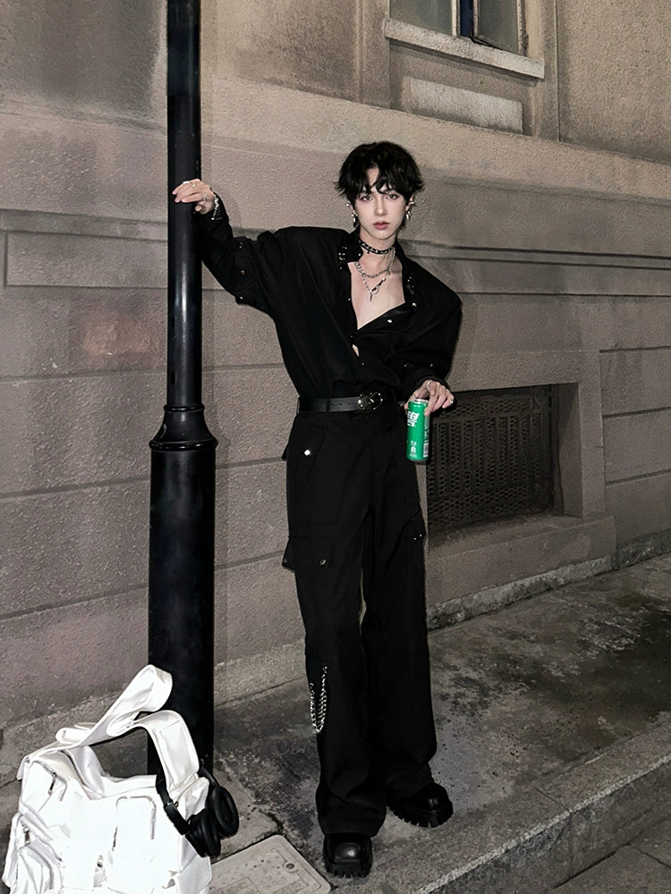 Black Techwear Cargo Pants with Chain