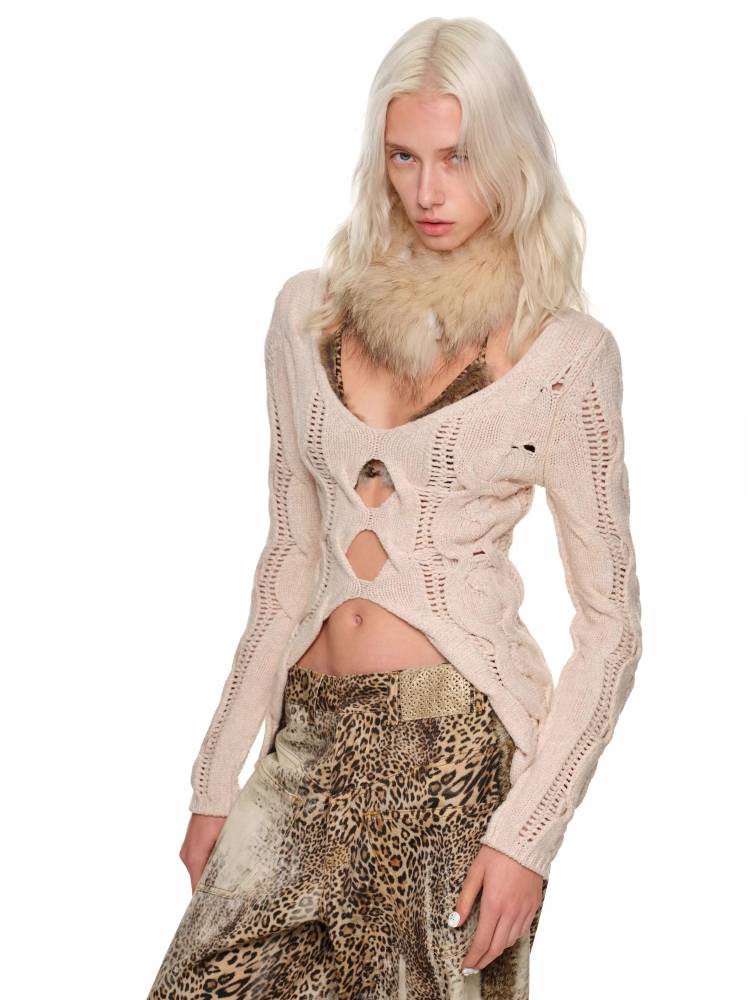 Slim Distressed Cable Knit Sweater