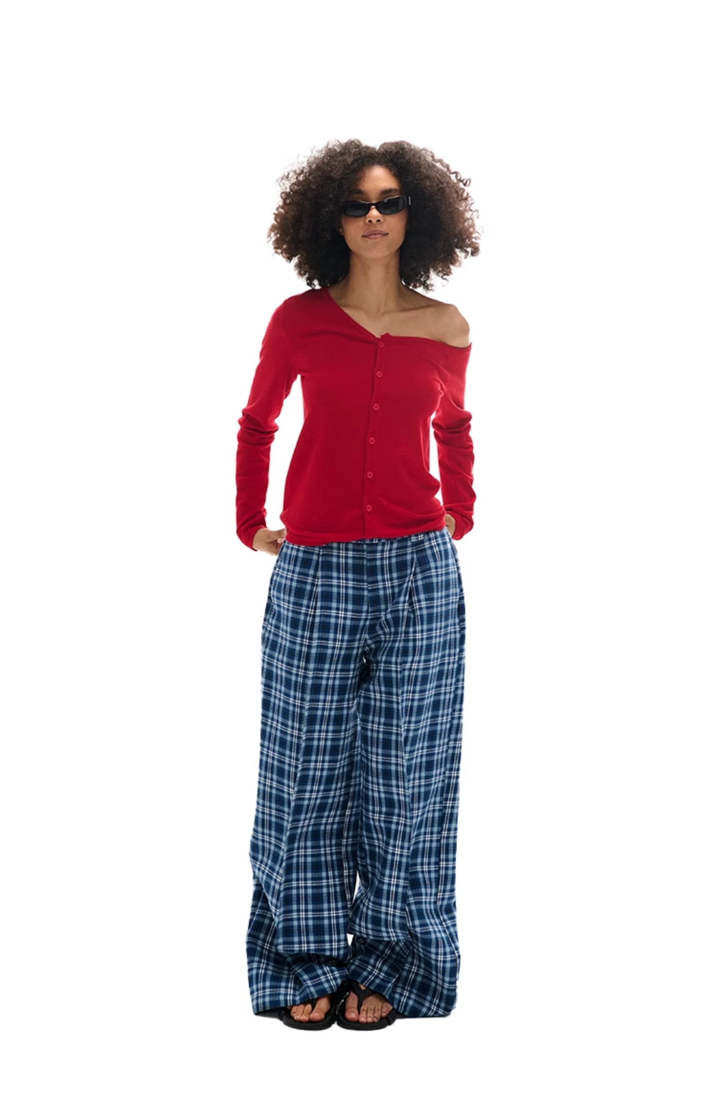 Plaid-Casu-Hosen mit weitem Bein