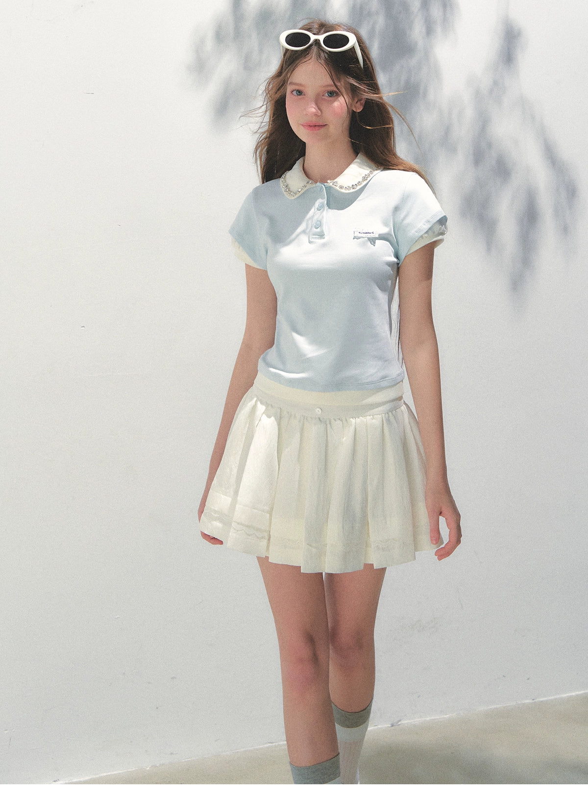 Lace Collar Cotton Polo Shirt