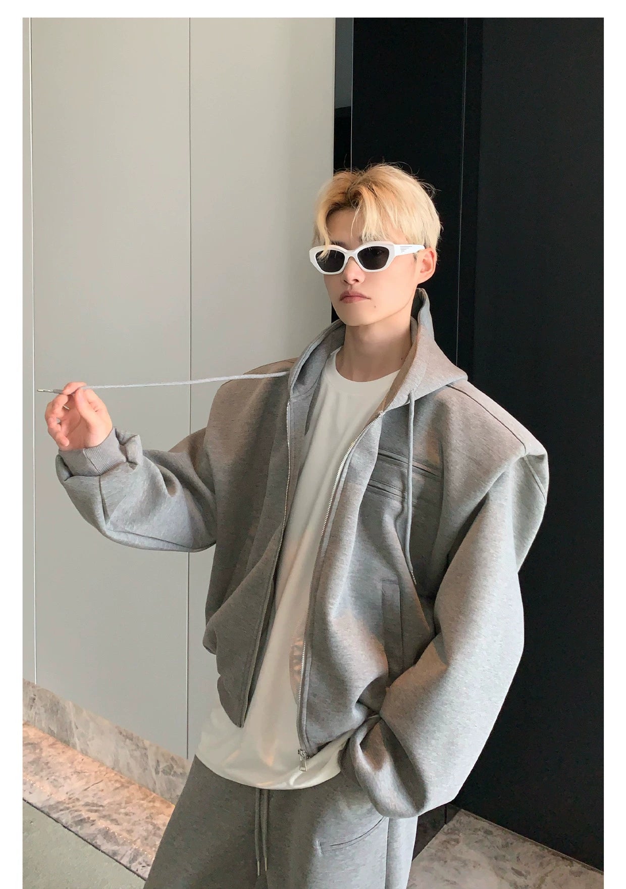 Shoulder-Padded Hoodie Jacket with Straight-Leg Pants Two-Piece Set