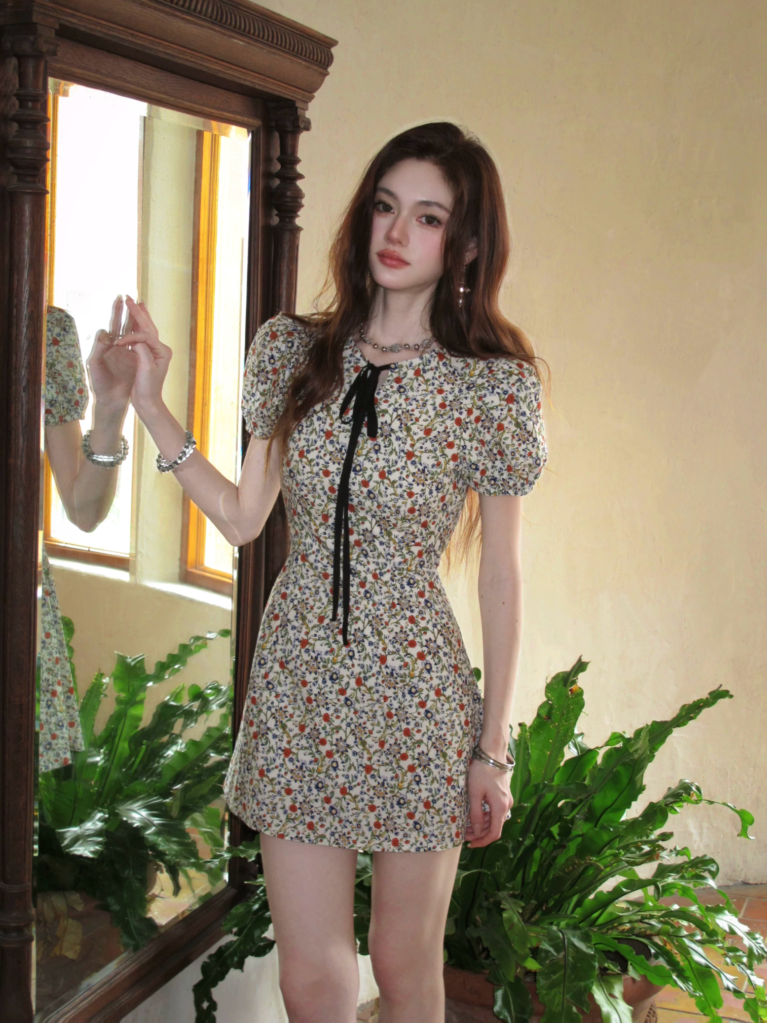 Garden Muse Bow‑Tie Floral Mini Dress