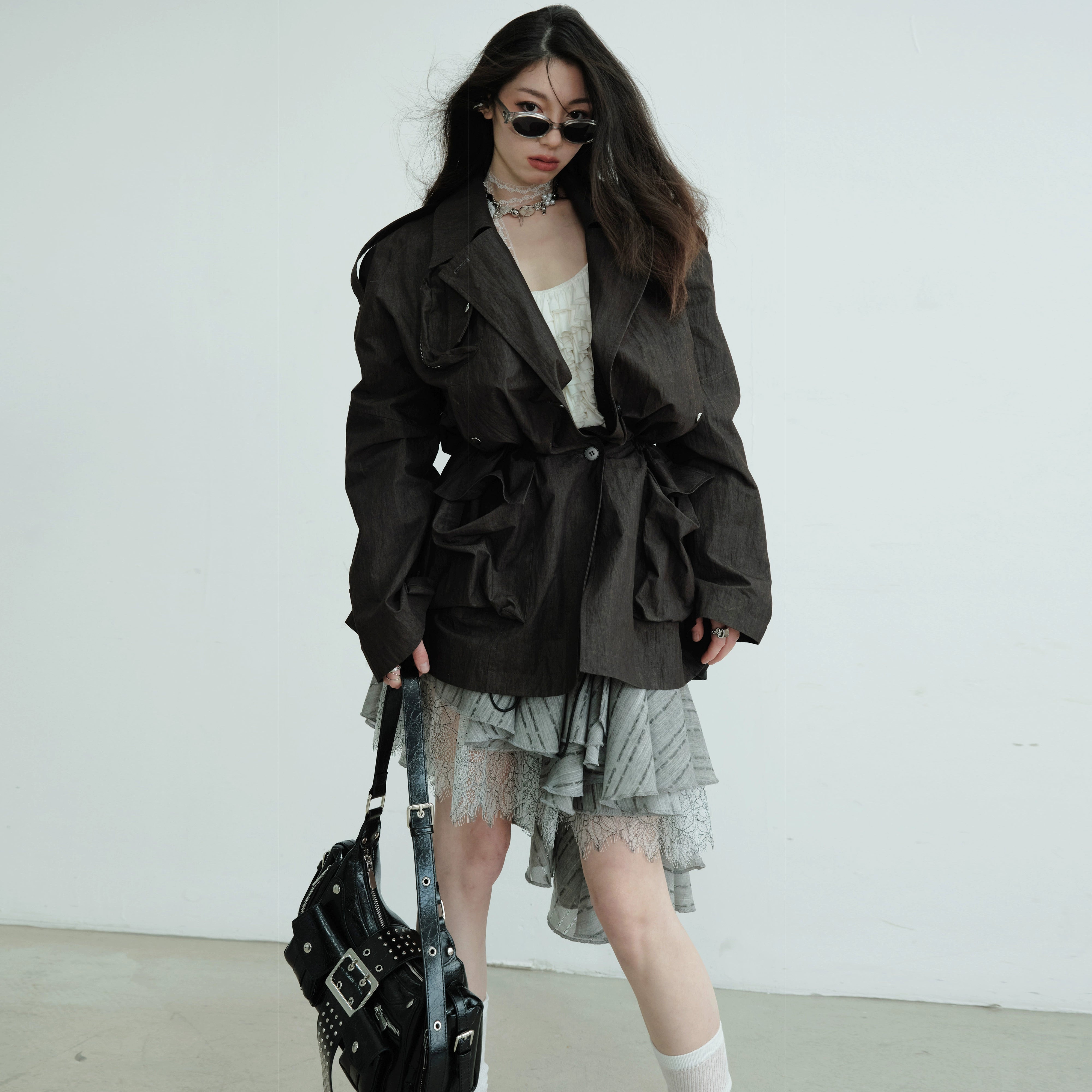 Asymmetric Wrap Ruffled Jersey Mini Skirt