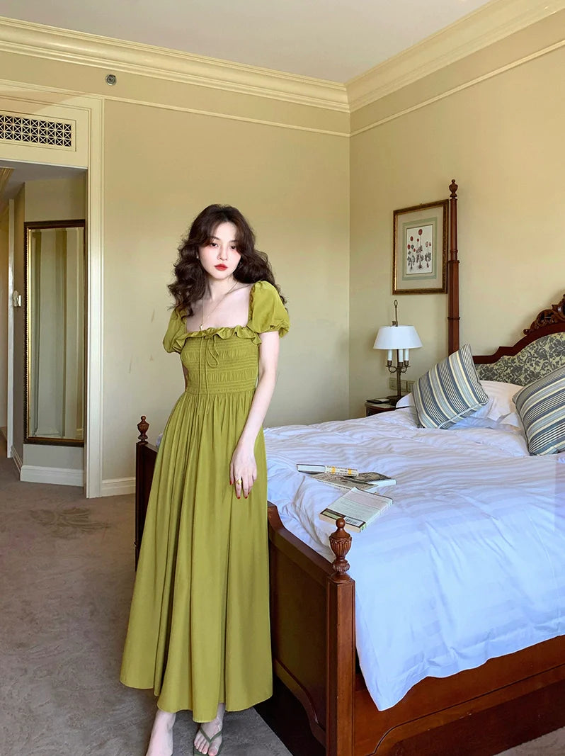 Puff Sleeve Maxi Dress with Ruffle Detail