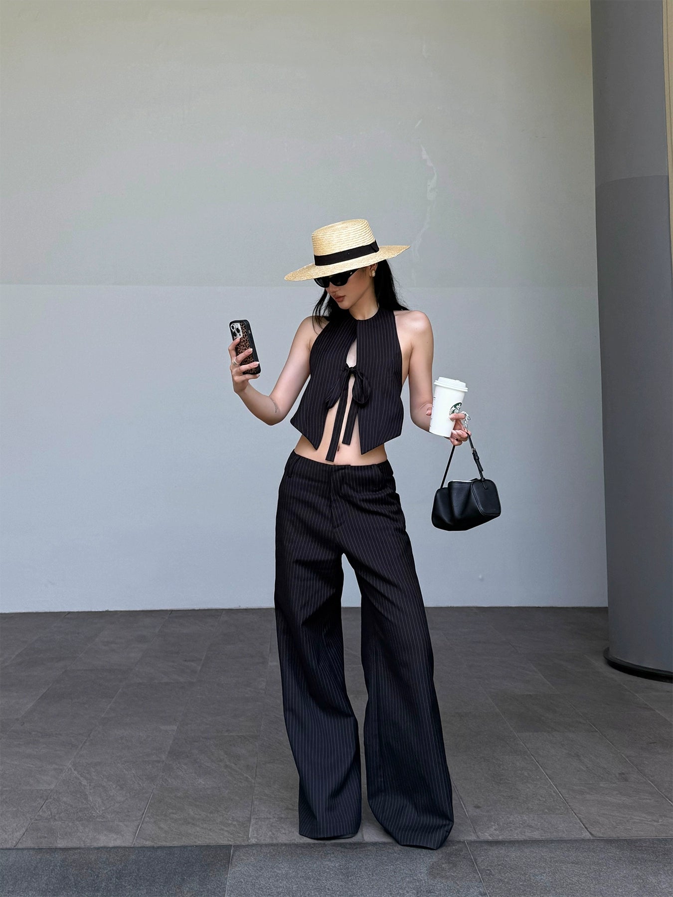 Black Pinstripe Wide Leg Pants