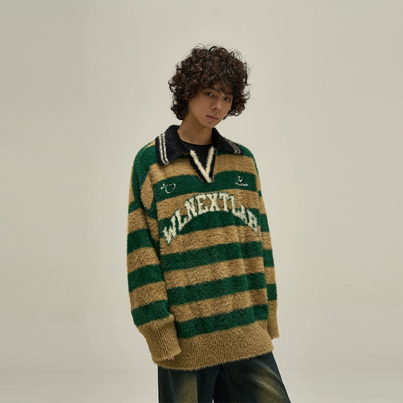 Fuzzy Striped Rugby Collar Sweater
