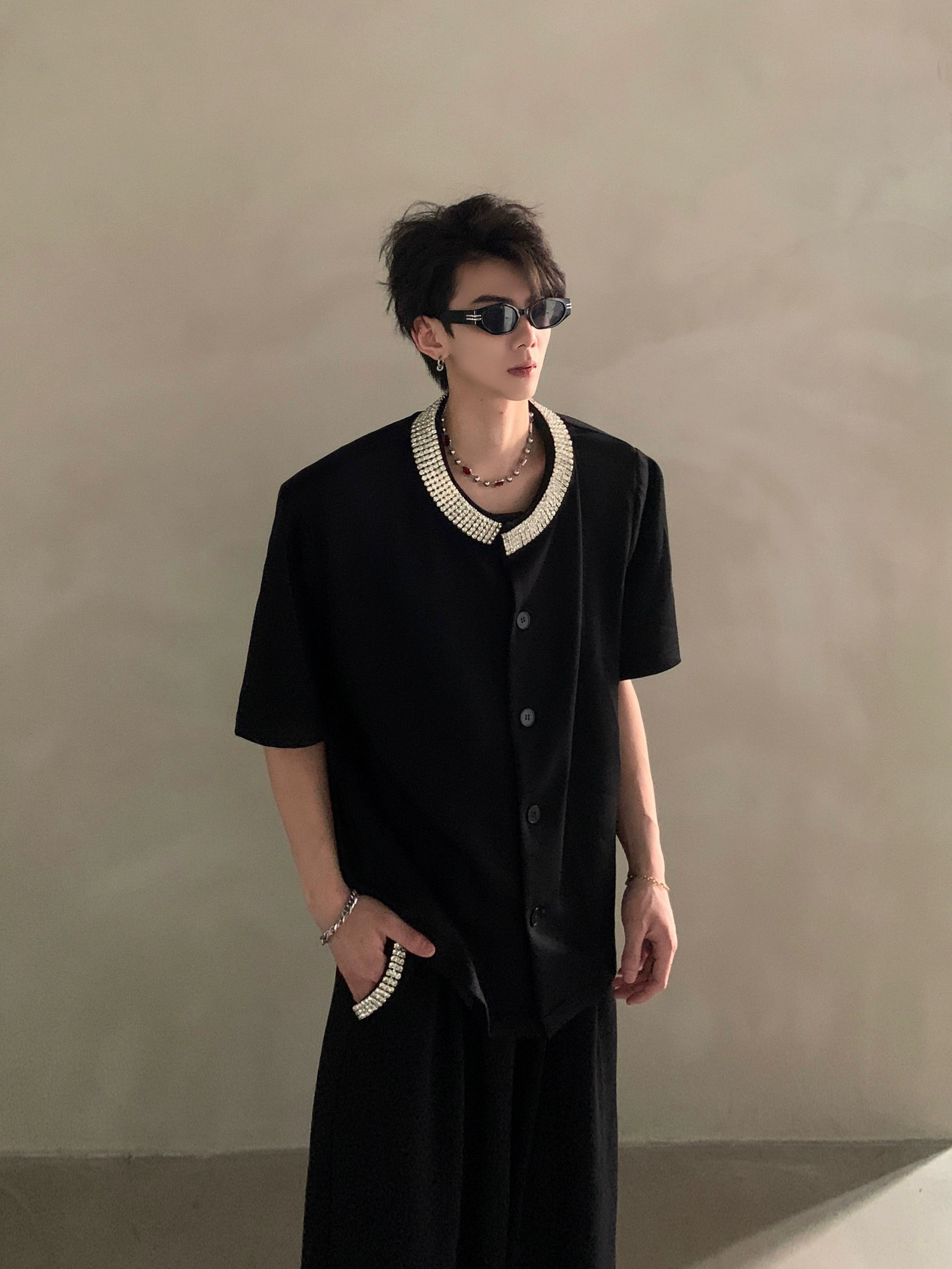 Black Short Sleeve Button-Up Shirt with Embellished Gem Collar