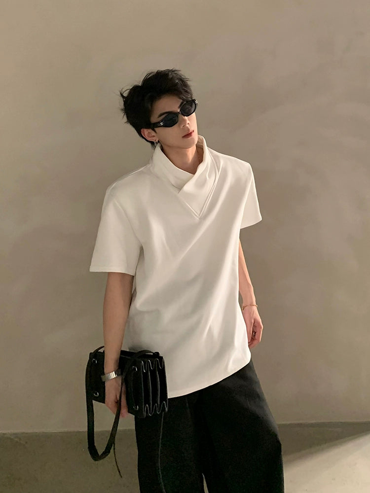 Minimalist Short Sleeve Shirt with Overlapping High Collar