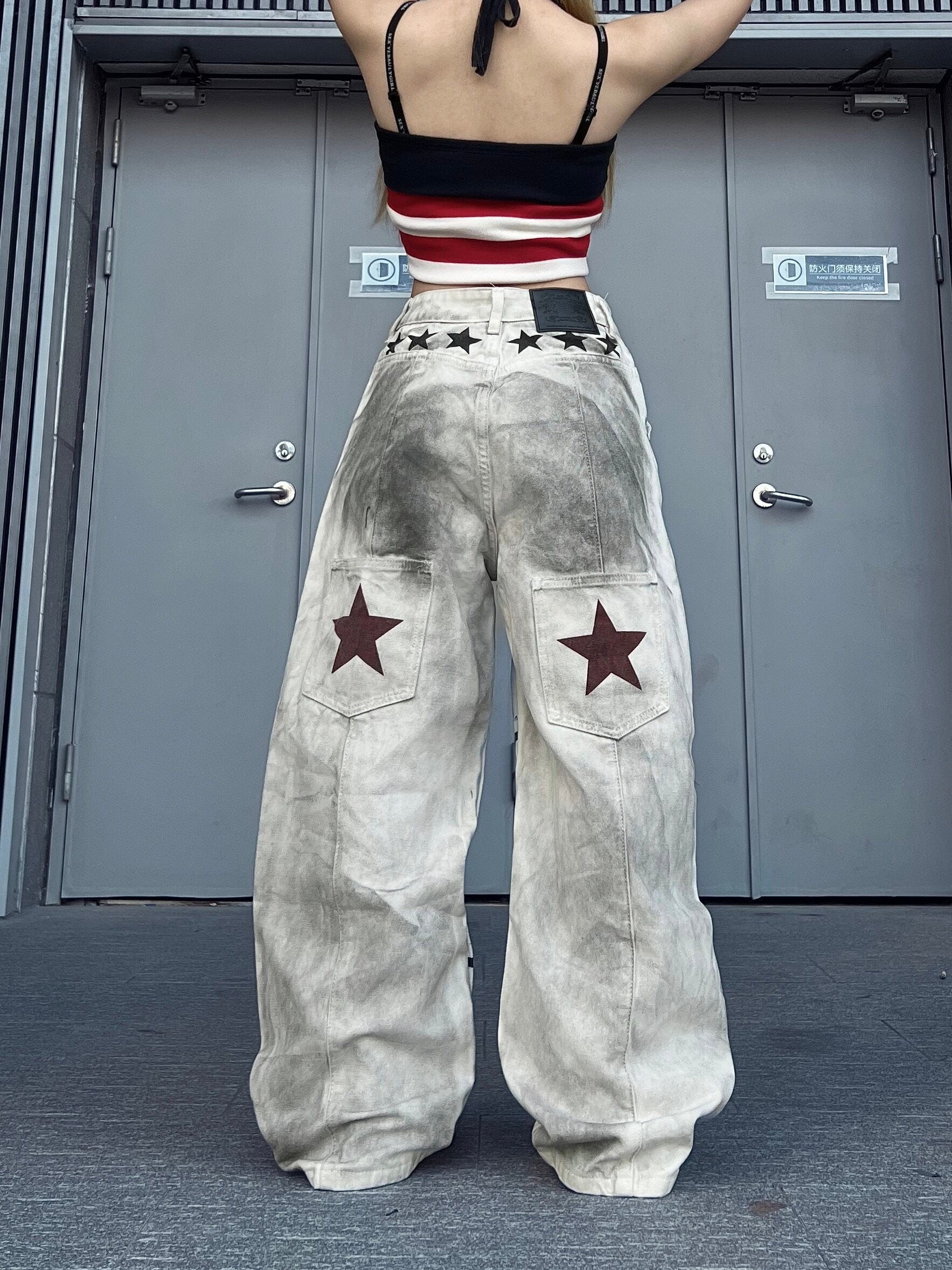 Men's Washed Distressed Print Wide-Leg Jeans
