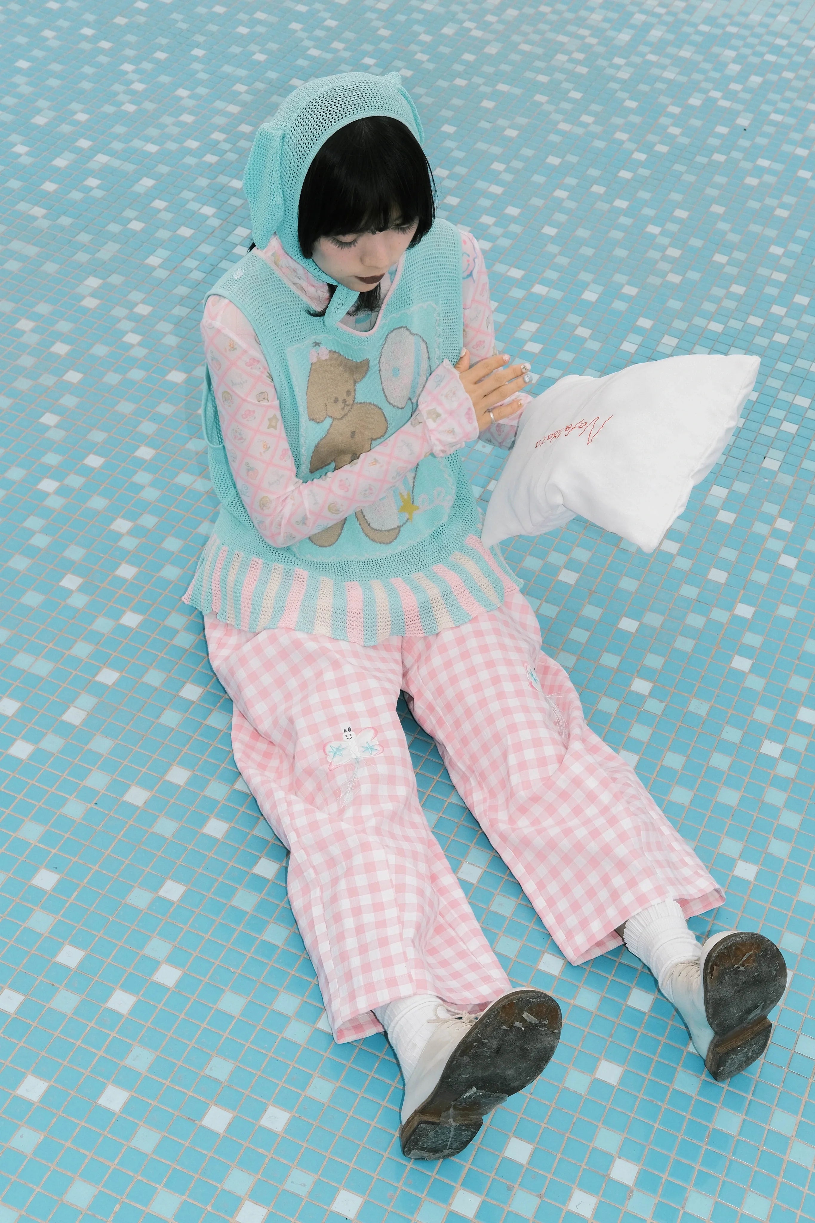 Pink Gingham Ghost Embroidered Wide Leg Pants