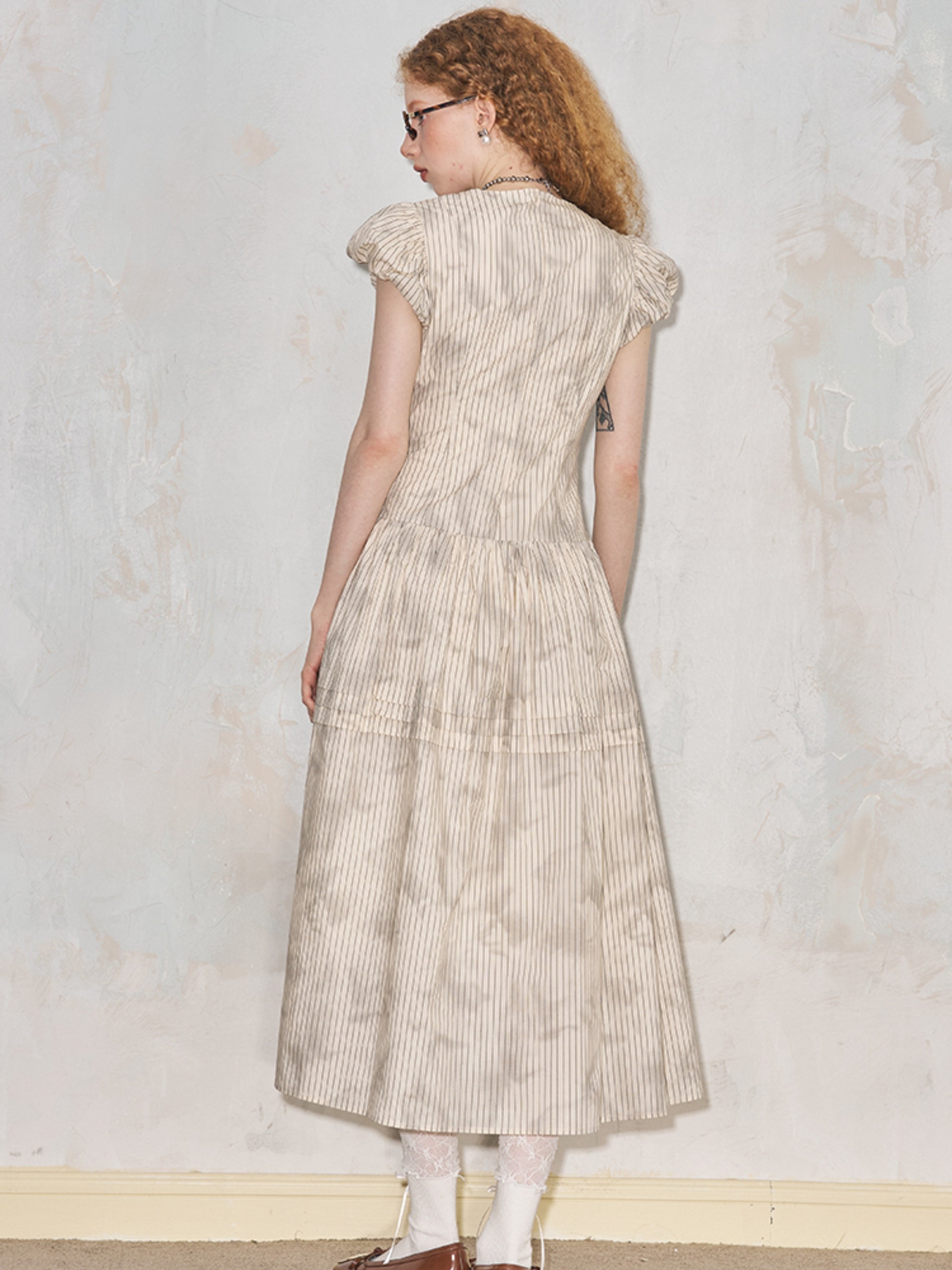 Round Neck Puff Sleeve Long Gather One-Piece - chiclara